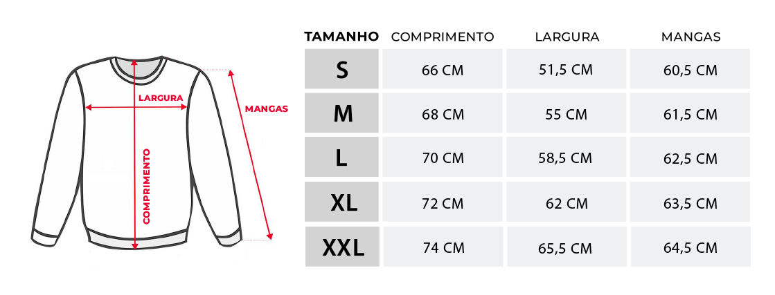 Tamanhos e medidas das sweatshirts